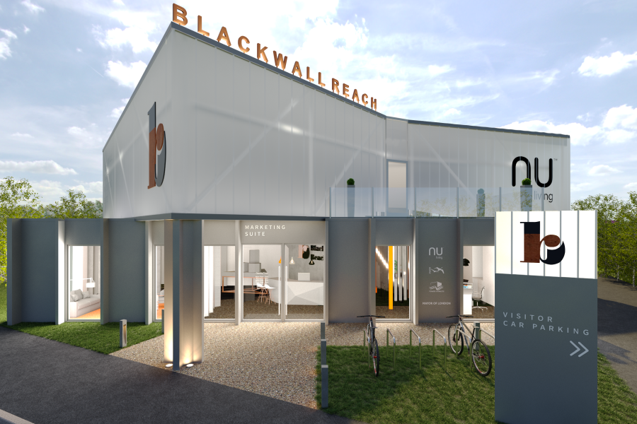 a digitally created concept image of a modern two story marketing suite