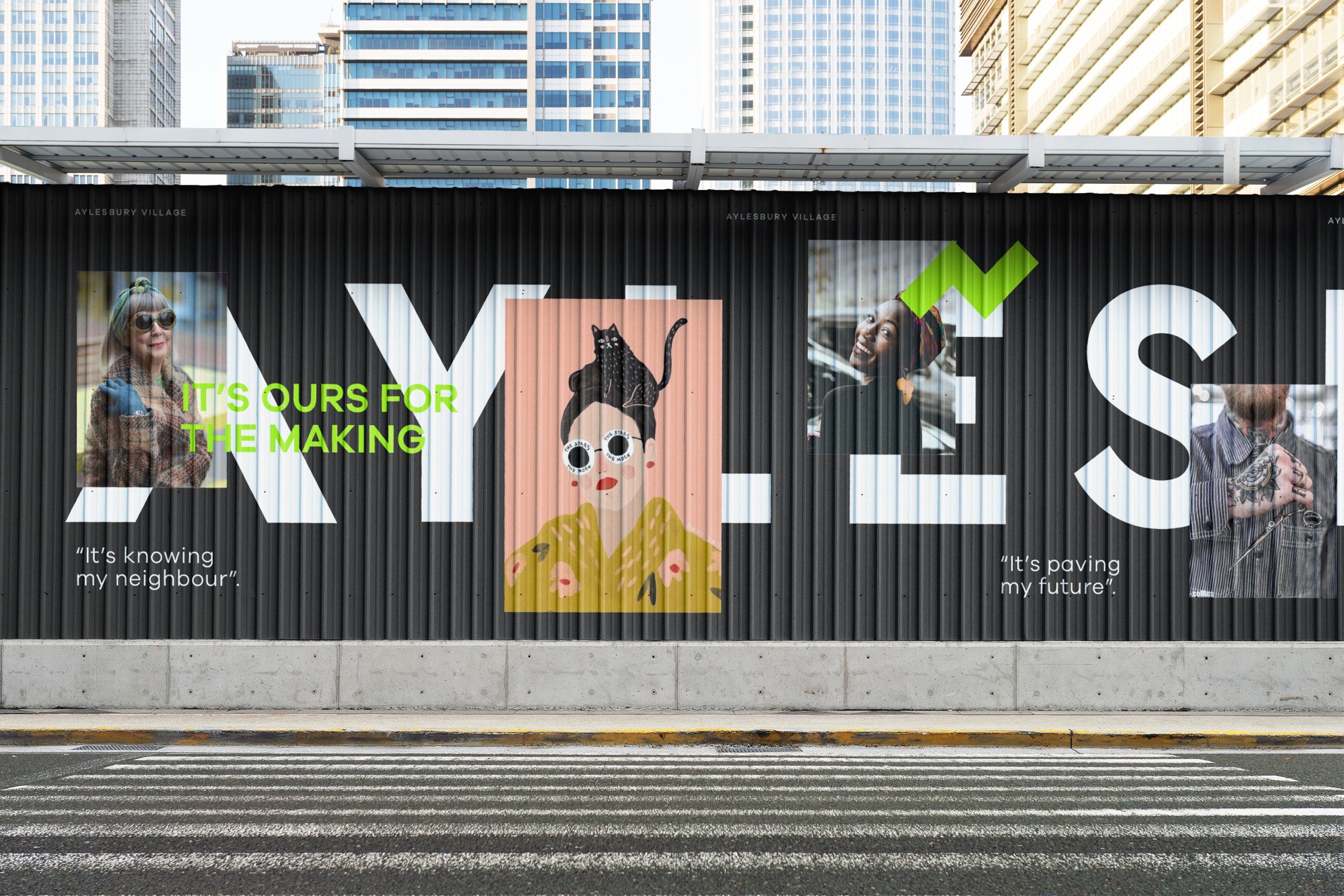 Advertising campaign painted on a metal fence in the middle of a city