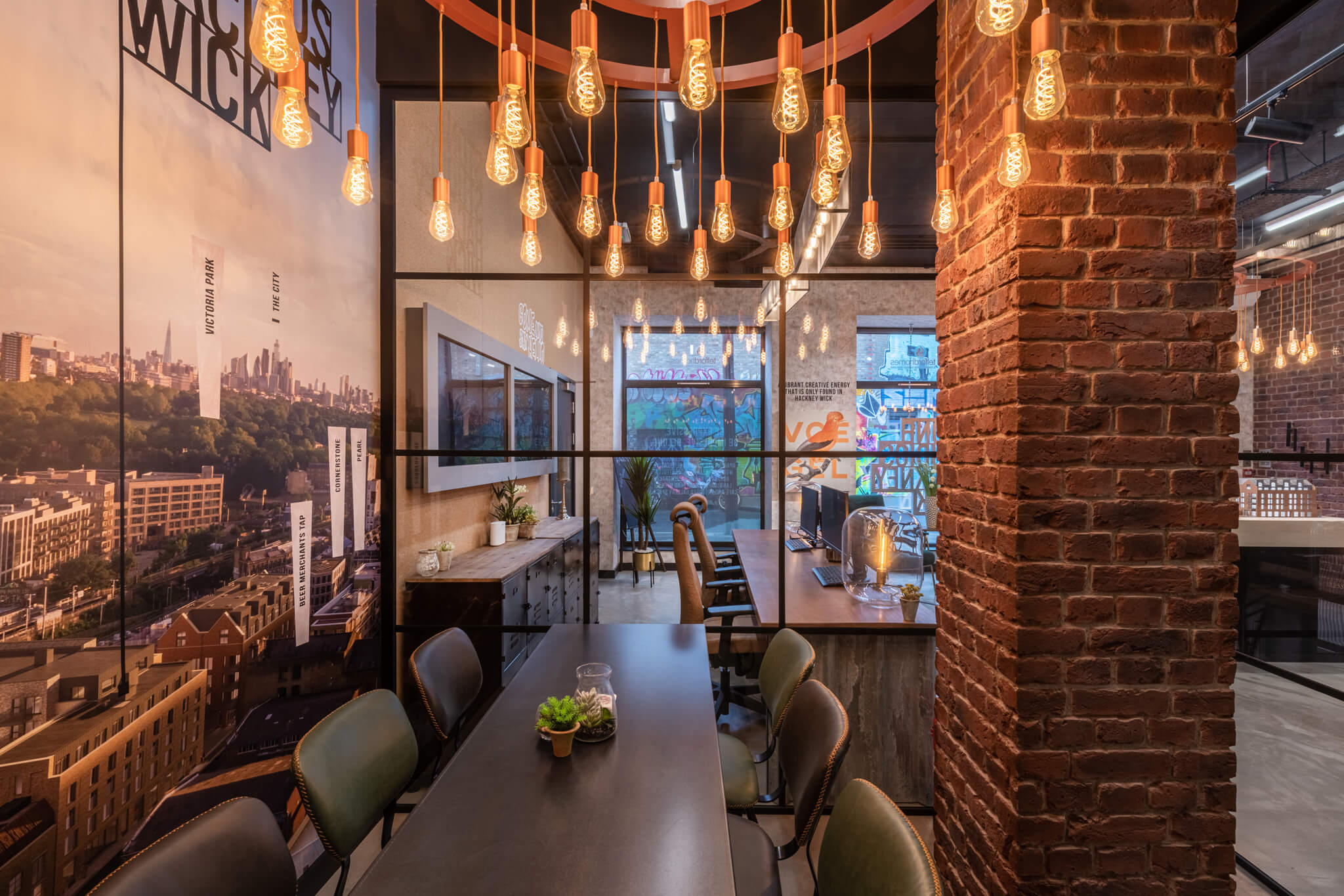 Meeting room with a brick pillar in the middle of it