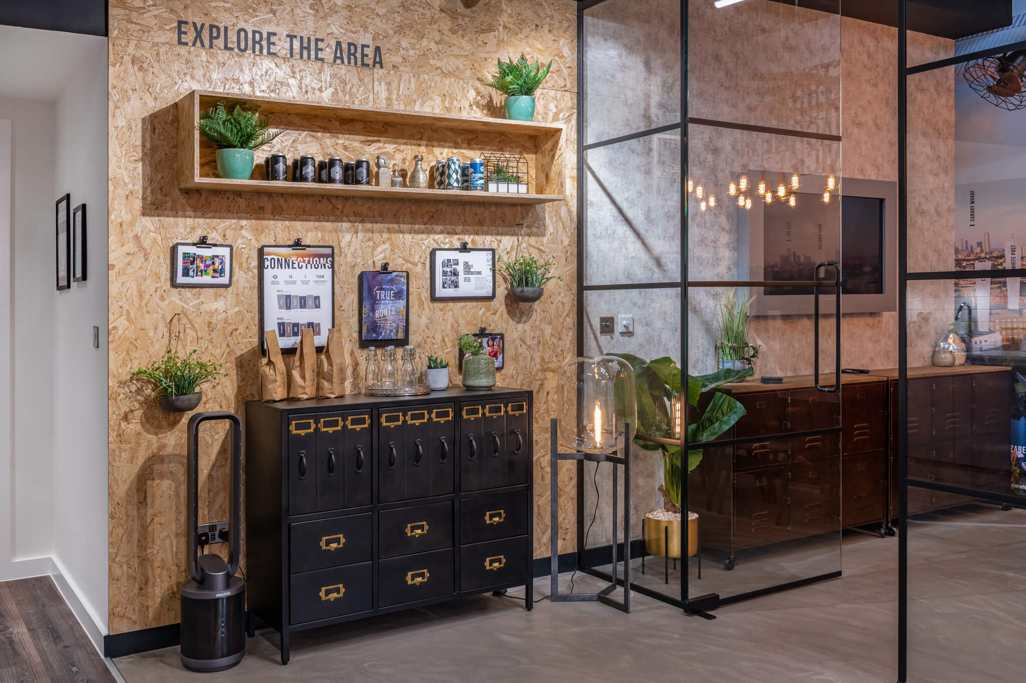 Filing cabinet holding glasses and plant pots