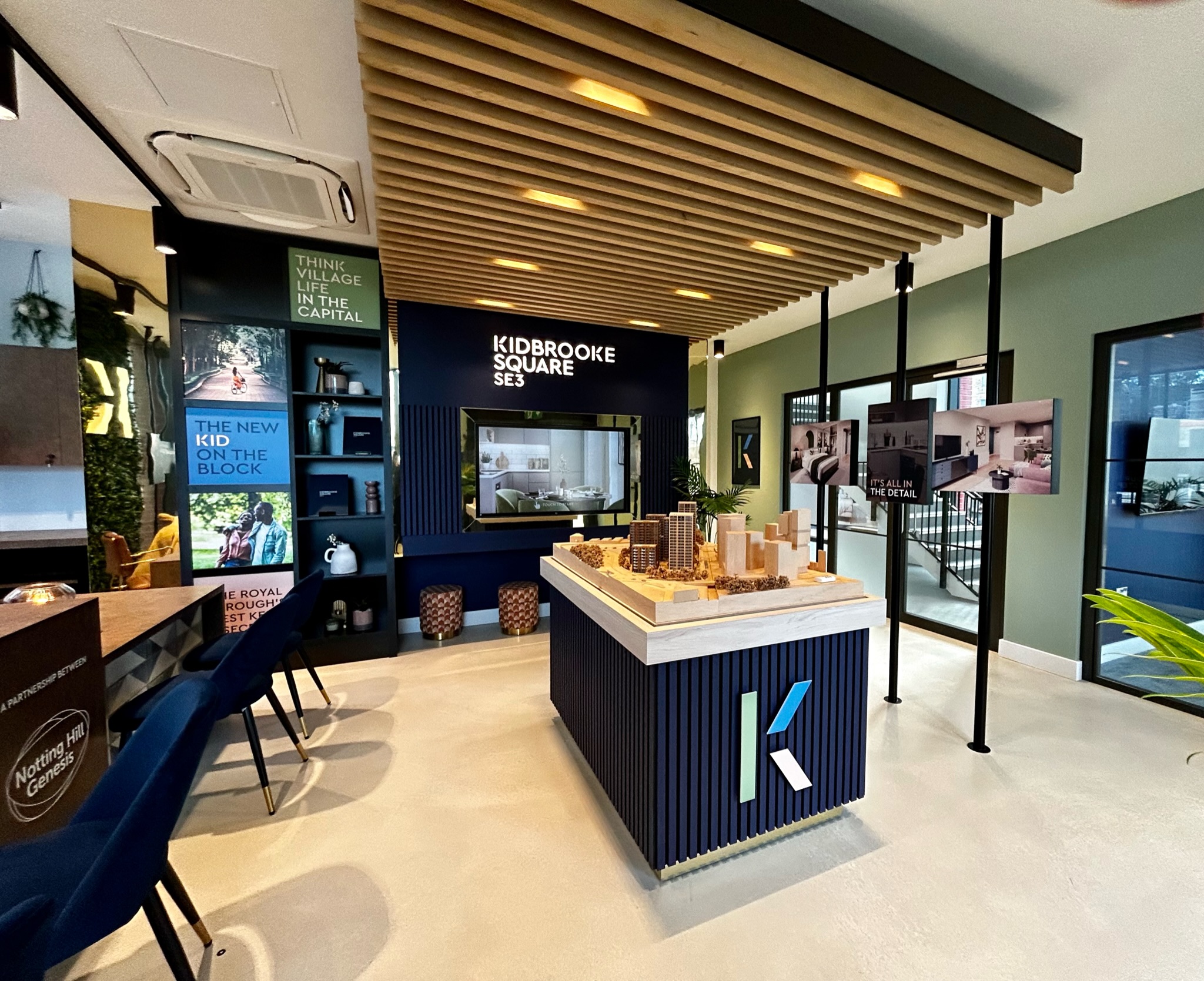 marketing suite with a large 3D model of the city around the development and various images of the development